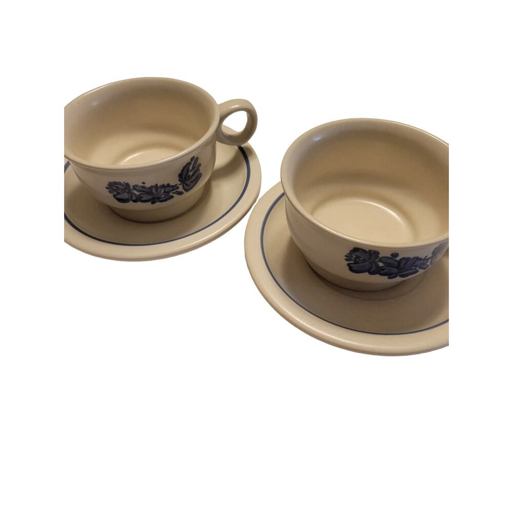 Pfaltzgraff Yorktowne Cup and Saucer Set Vintage Blue Floral Stoneware‎ USA 4pc